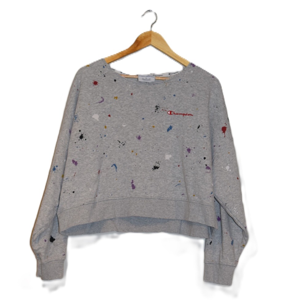 Champion‎ Womens Light Gray Paint Splatter Cropped Sweatshirt Large